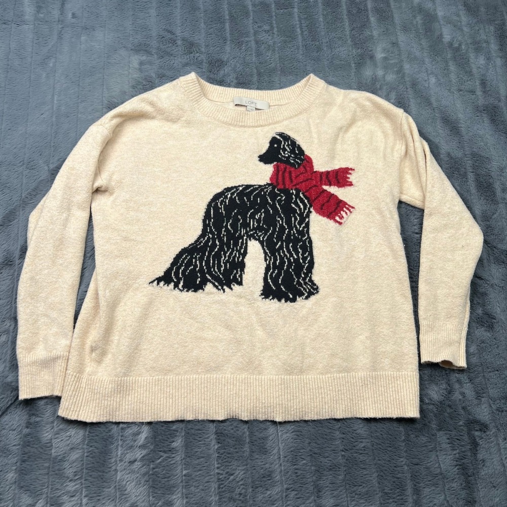 Loft Womens Dog Scarf Intarsia Knit Sweater Oatmeal Beige Crewneck Small 15109